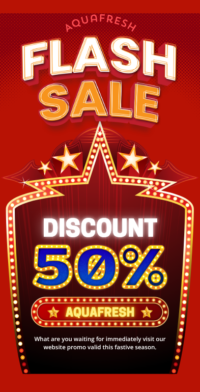 A promotional sale banner for Aquafresh featuring large text reading 'FLASH SALE' and 'DISCOUNT 50%' on a red background with marquee light effects and decorative stars.